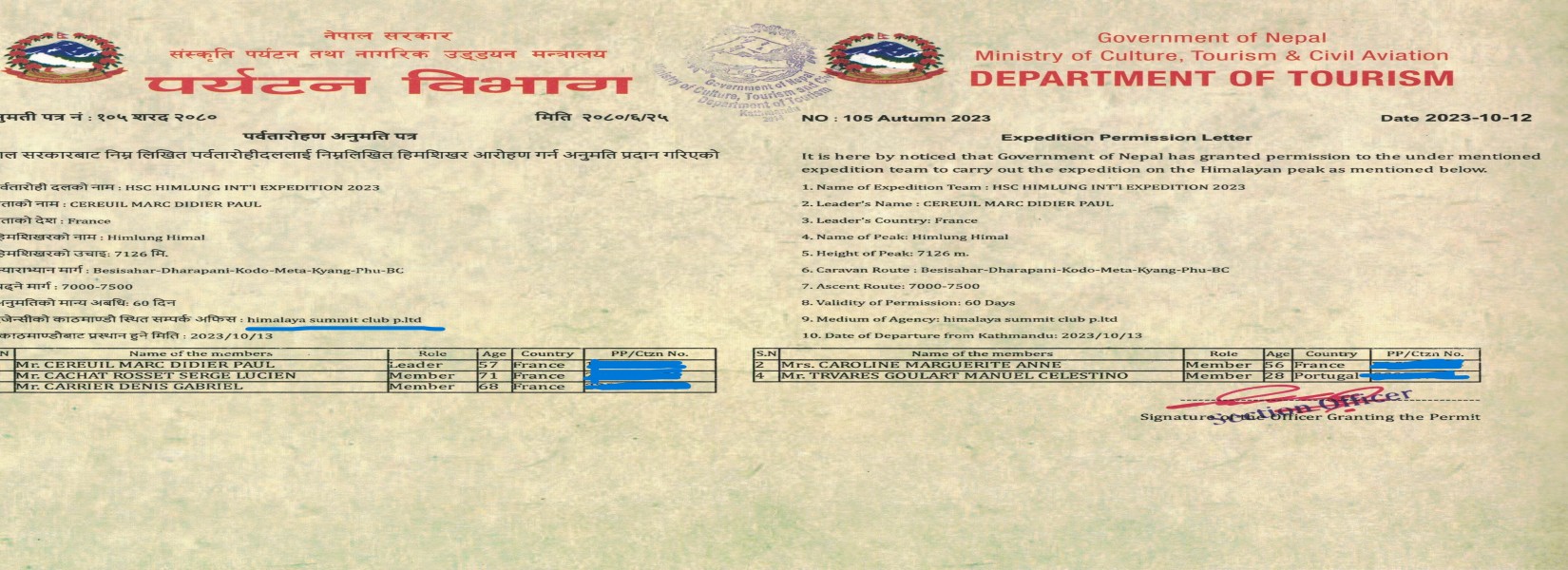 Mt. Himlung Permit from Department of Tourism